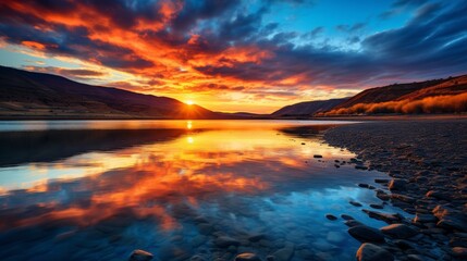 Tranquil mountain sunset  vibrant sky reflected on serene lake in colorful evening hues