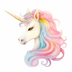 A whimsical unicorn with a rainbow mane and sparkly horn isolated background pastel