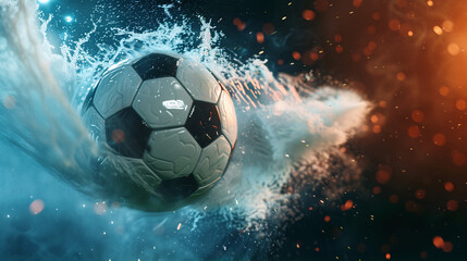 a soccer ball soaring through the air in a powerful kick, leaving a trail of light in its wake