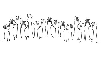 continuous single line drawing of a group of hands raised up. The concept of voting, elections