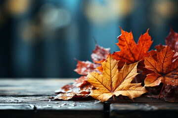 Naklejka na ściany i meble Autumn maple leaves on wooden background with bokeh effect.