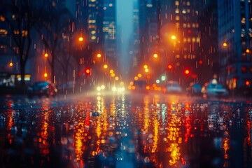 Artistic night shot of a city street reflecting neon signs and traffic lights on its shiny wet surface after rain - obrazy, fototapety, plakaty