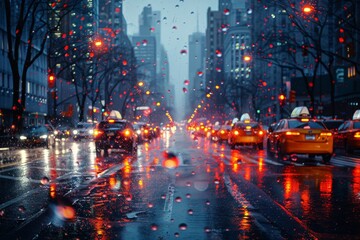 Gloomy evening cityscape with rain-soaked streets, glowing traffic lights, and a parade of vehicles...
