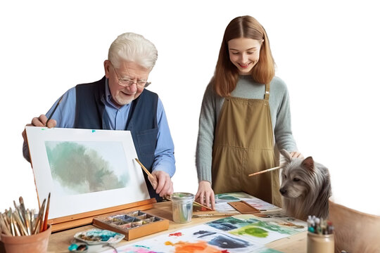 looking daughter senior Happy painting man carrying paper while cat