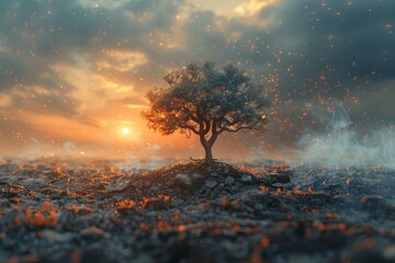A single tree stands resilient amidst a dreamlike landscape with floating embers and a warm,...