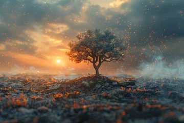  A single tree stands resilient amidst a dreamlike landscape with floating embers and a warm, enchanting sunset © Larisa AI
