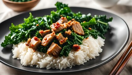 Stir fried kale with crispy pork in oyster sauce and rice on white plate
 - Powered by Adobe