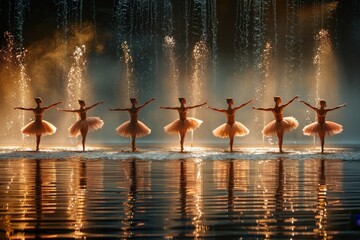 Stunning image capturing a twilight ballet performance with dancers reflected on the water's...