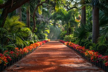Obraz premium A serene walkway lined with lush greenery and bright orange flowers, invoking a sense of peace and beauty