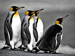 Fototapeta premium King Penguin (Aptenodytes patagonicus). contrast of its sleek black and white plumage, and the regal posture as it stands amidst the Antarctic landscape. Generative Ai.