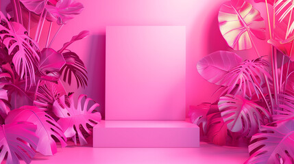 pink pedestal with a blank canvas, surrounded by tropical leaves, all illuminated in pink lighting