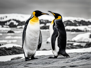 Fototapeta premium King Penguin (Aptenodytes patagonicus). contrast of its sleek black and white plumage, and the regal posture as it stands amidst the Antarctic landscape. Generative Ai.