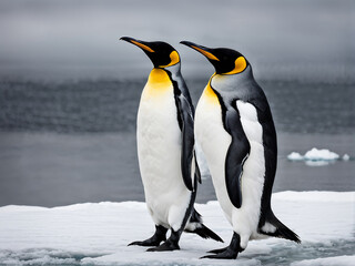 Obraz premium King Penguin (Aptenodytes patagonicus). contrast of its sleek black and white plumage, and the regal posture as it stands amidst the Antarctic landscape. Generative Ai.