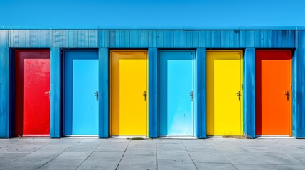 Row of modern beach huts featuring bright red, blue, yellow, and orange doors against a blue structure