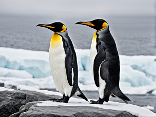 Fototapeta premium King Penguin (Aptenodytes patagonicus). contrast of its sleek black and white plumage, and the regal posture as it stands amidst the Antarctic landscape. Generative Ai.
