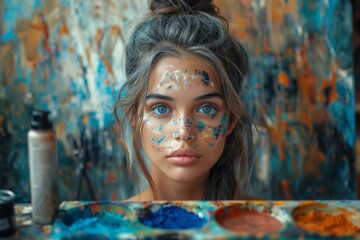 An artistic woman's portrait with vibrant paint splashes on her face and background - obrazy, fototapety, plakaty