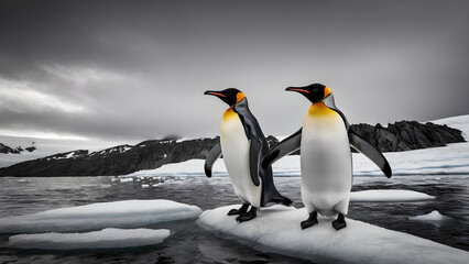 Obraz premium King Penguin (Aptenodytes patagonicus). contrast of its sleek black and white plumage, and the regal posture as it stands amidst the Antarctic landscape. Generative Ai.