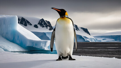 Fototapeta premium King Penguin (Aptenodytes patagonicus). contrast of its sleek black and white plumage, and the regal posture as it stands amidst the Antarctic landscape. Generative Ai.