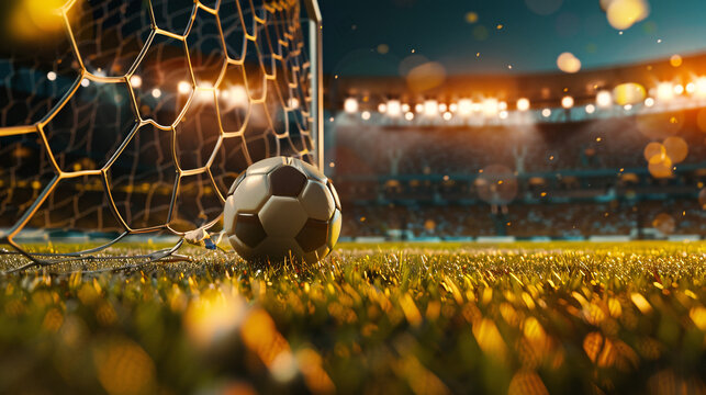 Fototapeta a lone leather black and white pentagon soccer ball resting peacefully on the green pitch