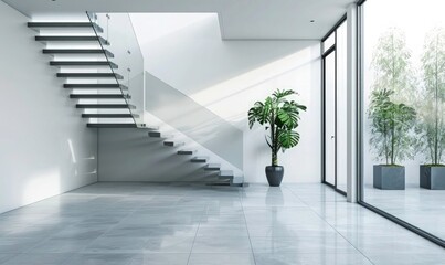 Minimalist interior design with Glass staircase and Porcelain tile floor. Modern entrance hall design.
