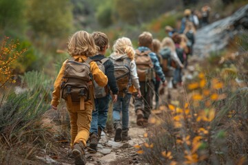 Fototapeta na wymiar A group of kids with backpacks walking on a path amid greenery, representing adventure and teamwork