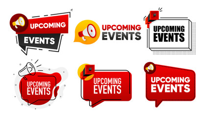 Upcoming Events. Megaphone label collection with text. Marketing and promotion. Vector Illustration.