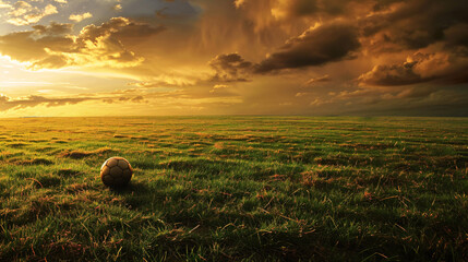 a lone leather black and white pentagon soccer ball resting peacefully on the green pitch - obrazy, fototapety, plakaty