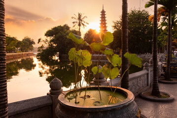 Sunset in Hanoi city, Vietnam with traditional buddist pagoda