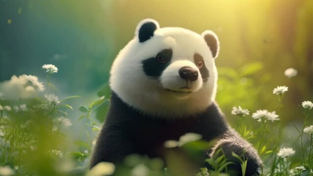 video of a panda in a flower garden