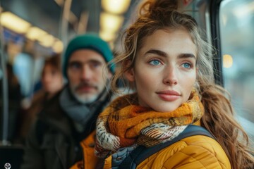 A dreamy young woman lost in thought, wearing a colorful winter scarf on train