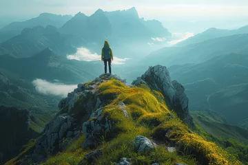Foto op Plexiglas anti-reflex Toilet A lone hiker overlooks a majestic mountain landscape dotted with yellow wildflowers and shrouded in mist
