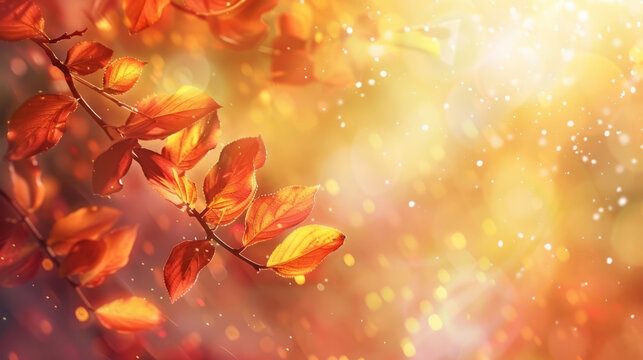 Abstract autumn nature background, with leaves on a branch, glowing sun and warm seasonal colors