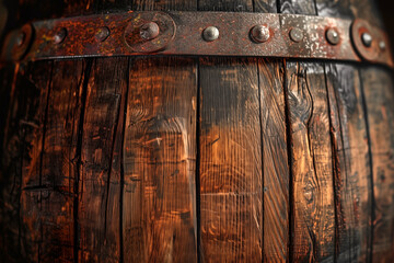 Close up of an old rustic wooden barrel circled with rusty iron, old wine, bourbon or whiskey rustic wood planks background - obrazy, fototapety, plakaty