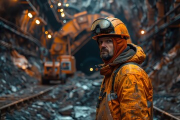 Miner Standing in Underground Tunnel. Solemn-faced miner stands with reflective workwear in an...