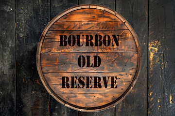 BOURBON OLD RESERVE written on the top of a wooden old barrel of Bourbon whiskey. American vintage Bourbon sign - 758034188