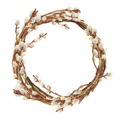 Hand-drawn watercolor illustration. Beautiful spring wreath with willow branches © Elena Valeto