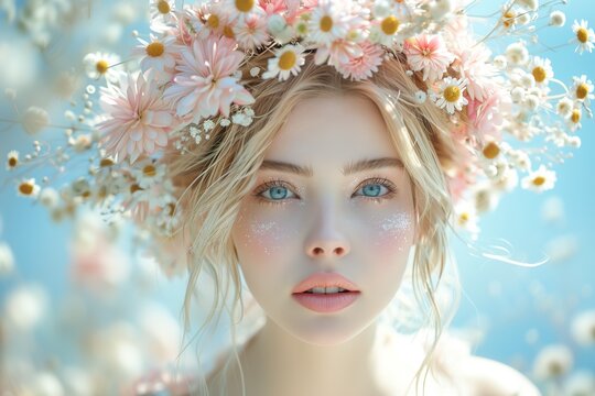 Beautiful  Woman Wearing a Daisies Crown - Tiara in Spring