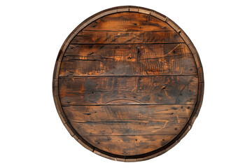Top view of an old rustic wooden barrel, old wine cellar, bourbon whiskey distillery or beer brewery, rustic wood planks circle bisolated on transparent background, png file