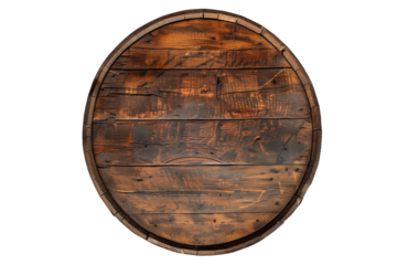 Top view of an old rustic wooden barrel, old wine cellar, bourbon whiskey distillery or beer brewery, rustic wood planks circle bisolated on transparent background, png file