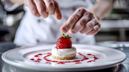 Professional chef carefully placing a strawberry on top of a whipped cream dessert on a plate