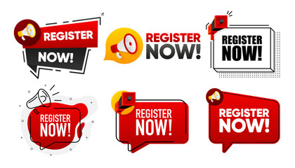 Register Now. Megaphone label collection with text. Marketing and promotion. Vector Illustration.