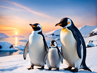 Fototapeta premium Portrait of a penguin Cheerful, happy in a snowy landscape. Playful, happy animal. Generative Ai.