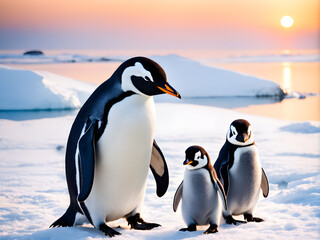 Obraz premium Portrait of a penguin Cheerful, happy in a snowy landscape. Playful, happy animal. Generative Ai.