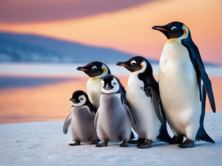 Fototapeta premium Portrait of a penguin Cheerful, happy in a snowy landscape. Playful, happy animal. Generative Ai.