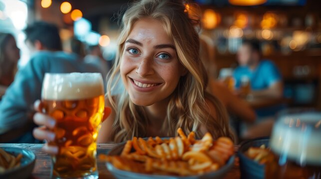 Happy Woman with Beer and Fries in Pub. Joyful young woman enjoying a pint of beer and a plate of fries at a cozy pub, with a casual, cheerful vibe.