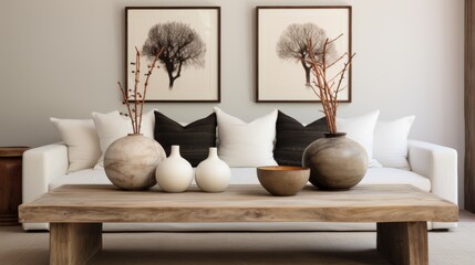 Boho ethnic living room  rustic coffee table, white sofa, brown pillows, and poster frames