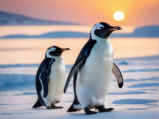 Obraz premium Portrait of a penguin Cheerful, happy in a snowy landscape. Playful, happy animal. Generative Ai.