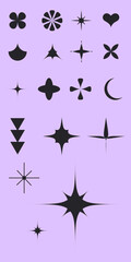 Vector illustration. Bauhaus. Abstract modern geometric shape silhouettes, black brutalism forms on violet background. Drawn minimalist style. Contemporary figures stars, flowers decoration elements