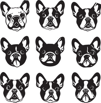 Bulldog, Dog Heads, Black And White Vector, Funny Dog, Silhouette, Illustration