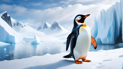 Fototapeta premium Portrait of a penguin Cheerful, happy in a snowy landscape. Playful, happy animal. Generative Ai.